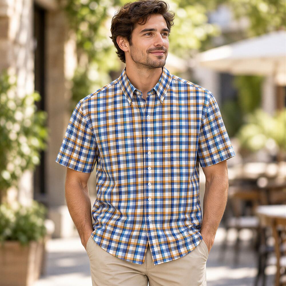 Jos A Bank Plaid Shirt Mens L Traveler Blue Orange Short Sleeve Button Down